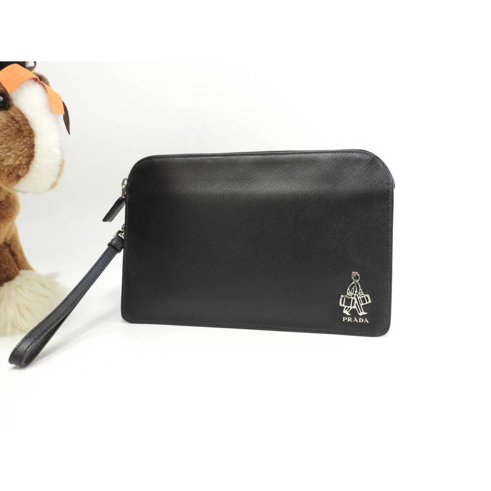 Prada Shoulder Bag Porter Saffiano Leather Black Clutch